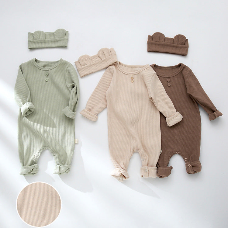 Baby Solid Color Pit Strip Graphic Long Sleeves Soft Cotton Romper Jumpsuit With Headband