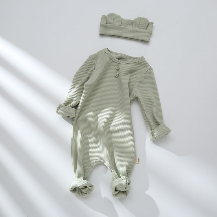 Baby Solid Color Pit Strip Graphic Long Sleeves Soft Cotton Romper Jumpsuit With Headband