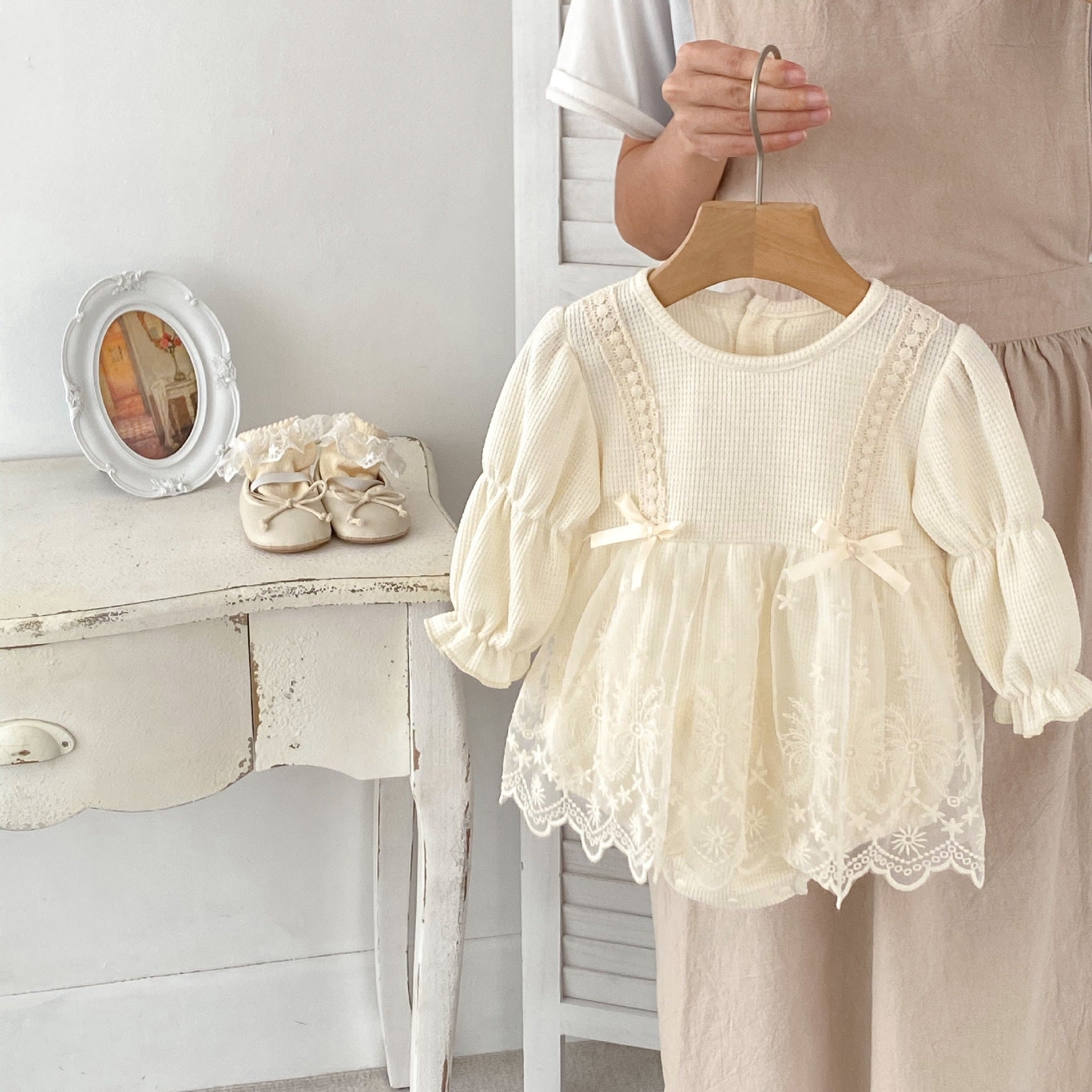 Arrival Baby Waffle Grid Mesh Princess Onesie Dress And Leggings Set For Girls